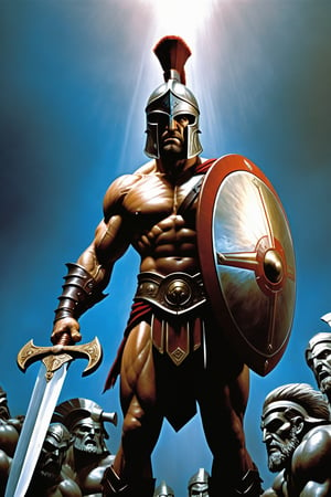 photo realism, 15mm wide-angle lens, ultra wide angle view, Art by Joe Jusko and Simon bisley, (a giant cyclops) standing in front of a (Extremely perfect anatomy), (Greek hoplite Spartan, holding sword and shield), ultra photoreal, photographic, concept art, cinematic lighting, cinematic composition, rule of thirds, mysterious, eerie, cinematic lighting, ultra-detailed, ultrarealistic, photorealism, 8k, octane render, cinematic, Textured skin, digital art, wlop, artgerm and james jean, ultra hd, realistic, highly detailed, UHD, perfect composition, beautiful detailed, intricate insanely detailed, rays, reflects. 
