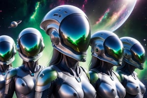 80s synthwave, remixed art by Carne griffiths, Chiaroscuro, reflective, ghosting effect, Star command, 80s style, (five women space squad:1.5) (big boobs:3), (wearing grey uniforms smooth spacesuits:2), (hermetic transparent globe helmets:3), (badass eyes, anger expressions:2), (armed with blasters:3.5), (green galaxy nebula in space background:2), Cosmic Horror, galactic aura symphony, (alien creatures lurking:2), wide angle shot,cyberpunk style,vaporwave style