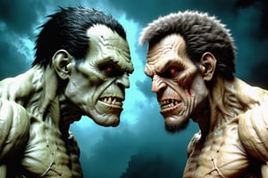Two diferent characters, hyperrealistic Vintage art of a angry (Frankenstein:1.2) vs. A Savage (Wolfman:1.2), Zdzislaw Beksinski style, extremely high-resolution details, photographic, realism pushed to extreme, fine texture, incredibly lifelike, medium shot, grotesquery, ultra skin, intricate clothes, badass look, action, best quality, artwork masterpiece, REALISTIC, Enhanced Reality, ,Enhanced Reality