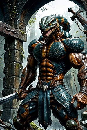 Dungeons & Dragons simon bisley art style, (realistic Anthropomorphic monster Snake with human torso:1.3), Extremely muscled and bulky, (Immensely detailed Snake full body, Rough skin, Scaly skin, Textured skin:1.2), (wearing armor:1.2), (holding a large big broad sword in hand:1.4), rpg style, sharp focus, Immense detail, low light, (ancient dark gloomy dungeon filled with fog, bones, old rusty weapons:1.2), spider webs, aged, decayed, mossy, Chiaroscuro, action, (Glittering close up, reflective eyes, rim lighting, lights, detailed eyes), cinematic, hyperrealistic art, extremely high-resolution details, photographic, realism pushed to extreme, fine texture, incredibly lifelike, dark, 