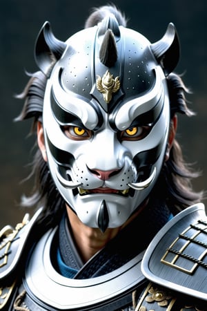 Unsplash by Karol Bak, luis royo, Peter Mohrbacher, Derrick Che, (realistic samurai shogun:1.3), (dark matte grey asian lion armour:1.3), (rage mask, white iris eyes:1.2), ZBrush final render, additional Blender details, Realistic 3d effect, Extremely Realistic, cinematic moviemaker style