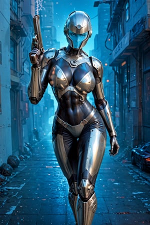 (insanely Slim fit, sexy robot cop woman:1.4), (wearing full metallic matte light blue grey solid armor:1.4), rounded smooth shapes, (huge breasts:1.2), (wearing a full steel beautiful face helmet:1.3), commanding action pose, (handling a long automatic sci-fi pistol:1.3), night scene, police car red and blue lights, score_9_up, score_8_up, score_7_up, 