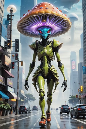 Glossy (Anthropomorphic walking alien mushroom creatures:1.2), with macabre faces inspired by Alex Horley's art style, invading Earth, specifically targeting Los Angeles city, dramatic lighting, golden ratio, ultra-realistic, digital painting. 