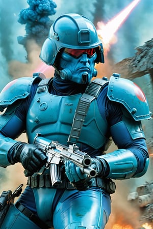 2000AD Rogue trooper, blue skin, military sci-fi, Dynamic motion blur, Laser sharp Immense detail, fov, Cosmic Horror, darkly comedic,full shot ,Movie Still,photo r3al