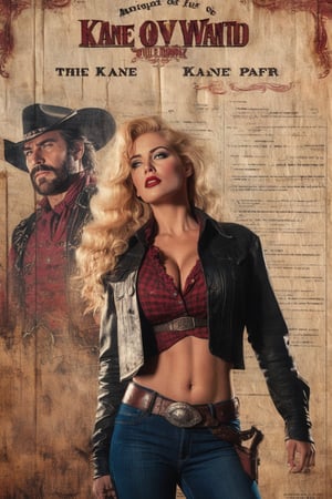 Vintage wild west 80s style movie poster, (Kane the cowboy:1.2) and (Angela an extremely beautiful blonde, American pin-up damsel in distress:1.2 ), (voluptuous breasts, tiny waist:1.2), realistic eyes, red hair, (Old Wanted scratched burned parchment paper poster style background:1.4), wild saloon scene, high noon, concept art, cinematic lighting, cinematic composition, rule of thirds, ultradetailed, ultrarealistic, 8k, octane render, sharp focus, studio photo, intricate details, highly detailed, score_9, score_8_up.