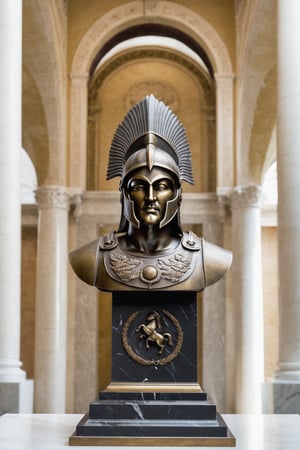 Spartan warrior cast as a bronze bust statue, positioned centrally on a marble pedestal flanked by Corinthian columns, intricate detail on the helmet plume, patina accentuating the warrior's stern features, armor embossed with historical motifs, in a grand hall with sunlight filtering through high arching windows casting soft shadows, dramatic lighting, high dynamic range, 8k resolution. ,better photography,art_booster