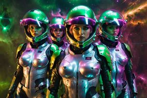 80s synthwave, remixed art by Carne griffiths, Chiaroscuro, reflective, ghosting effect, Star command, 80s style, (five women space squad:1.5) (big boobs:4), (wearing grey uniforms smooth spacesuits:2), (hermetic transparent globe helmets:3), (badass eyes, anger expressions:3), (armed with blasters:3.5), (green galaxy nebula in space background:2), wide angle cowboy shot,cyberpunk style,vaporwave style,photo r3al