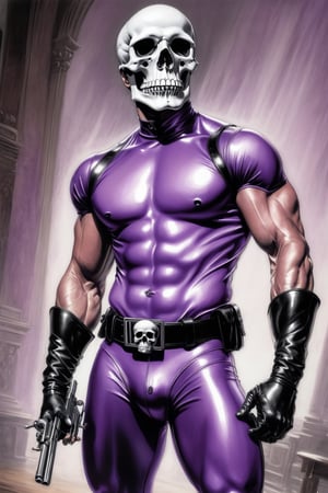 The Phantom by Lee Falk, light purple rubber bodysuit, athletic muscled, skull buckle, black long boots, black eye mask, double gun holsters, realistic art. ,ink 