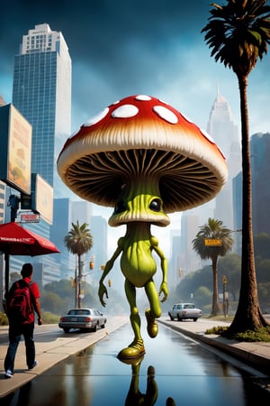 Glossy (Anthropomorphic walking alien mushroom creatures:1.2), with macabre faces inspired by Alex Horley's art style, invading Earth, specifically targeting Los Angeles city, dramatic lighting, golden ratio, ultra-realistic, digital painting. 