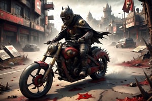 The caped Chainsaw biker, grotesquery, dark, eerie, hellish motorcycle, art by Yoann Lossel, spikes on wheels, bloody Macabre, 2000 AD comic style, red image filter, 3d ground view, High speed Slow motion, Dynamic motion blur, fisheye cam, dslr, raw photography, cinematic motion. 