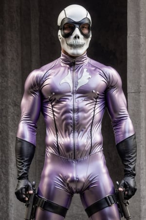 The Phantom by Lee Falk, light purple rubber bodysuit, athletic muscled, skull buckle, black long boots, black eye mask, double gun holsters, realistic art. ,Enhanced Reality