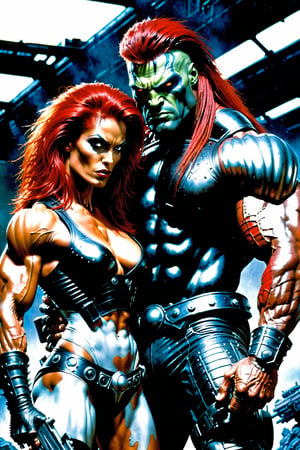 In love, Metal hurlant simon bisley art style, black sun, (a power couple:1.2), shot of (woman, extremly beautiful and ripped muscled, red hair mistress, wearing ripped clothes, expressive face, calm and assertive look:1.3), And a (big alien man, extremely muscled with light armor, spiked hair, with a huge heavy sci-fi gun:1.3), futuristic sci-fi style, score_9_up, score_8_up, score_7_up,