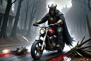 The caped Chainsaw biker, grotesquery, dark, eerie, hellish motorcycle, art by Yoann Lossel, spikes on wheels, bloody Macabre, 2000 AD comic style, red image filter, 3d ground view, High speed Slow motion, Dynamic motion blur, fisheye cam, dslr, raw photography, cinematic motion. 