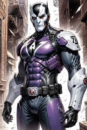 The Phantom by Lee Falk, The Ghost Who Walks, first superhero, tight light purple suit, athletic, mask, waist gun holsters. ,real_booster
