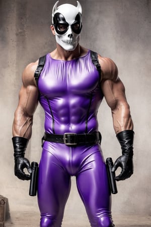 The Phantom by Lee Falk, light purple rubber bodysuit, athletic muscled, skull buckle, black long boots, black eye mask, double gun holsters, realistic art. 