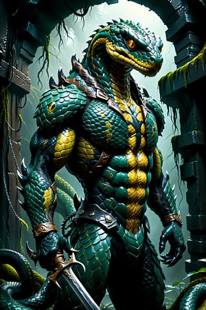 Dungeons & Dragons style art, (realistic Anthropomorphic monster Snake with human torso:1.3), (Immensely detailed Snake full body, Rough skin, Scaly skin, Textured skin:1.2), (wearing armor and one extra large blade sword in hand:1.2), rpg style, sharp focus, Immense detail, low light, (ancient dark gloomy dungeon filled with fog, bones, old rusty swords and axes:1.2), spider webs, aged, decayed, mossy, Chiaroscuro, action, (Glittering close up, reflective eyes, rim lighting, lights, detailed eyes), cinematic, hyperrealistic art, extremely high-resolution details, photographic, realism pushed to extreme, fine texture, incredibly lifelike, reflective, 