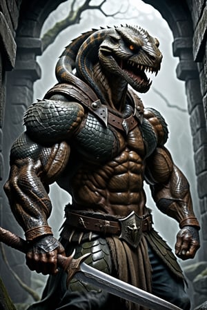 Dungeons & Dragons style art, (realistic Anthropomorphic monster Snake with human torso:1.3), Extremely muscled and bulky, (Immensely detailed Snake full body, Rough skin, Scaly skin, Textured skin:1.2), (wearing armor:1.2) and (one holding an extra large broad blade sword in hand:1.4), rpg style, sharp focus, Immense detail, low light, (ancient dark gloomy dungeon filled with fog, bones, old rusty weapons:1.2), spider webs, aged, decayed, mossy, Chiaroscuro, action, (Glittering close up, reflective eyes, rim lighting, lights, detailed eyes), cinematic, hyperrealistic art, extremely high-resolution details, photographic, realism pushed to extreme, fine texture, incredibly lifelike, dark, 