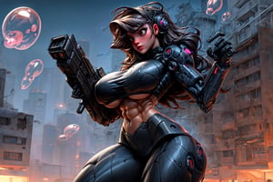 destroyed dystopian city, photorealistic style art , ultra big voluptuous boobs, (ripped muscled torso:1.2), female wearing a full bubble smooth shaped, large war cybernetic Mechanized mobile armor, with damage dents, matte Metalic dark grey dark orange colors smooth surfaces, Cyborg prosthetics, 1 girl,3DMM