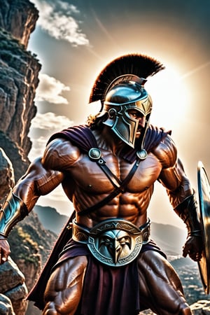 photo realism, 15mm wide-angle lens, masterpiece Art by Joe Jusko and joe madureira, (Extremely perfect, exagerated muscled anatomy:1.4), (Greek hoplite Spartan, holding a spear and shield:1.3), ultra photoreal, photographic, concept art, cinematic lighting, cinematic composition, ultra-detailed, ultra-realistic, photorealism, 8k, octane render, cinematic, realistic, highly detailed, UHD, perfect composition, beautiful, intricate, insanely detailed, rays, reflects. ,comicstyle