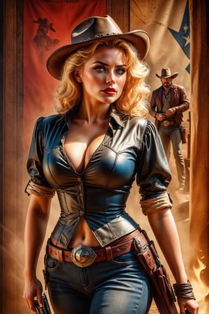 Vintage wild west 80s style movie poster, (Kane the gunslinger:1.2) and (Angela an extremely beautiful blonde, American pin-up damsel in distress:1.2 ), (voluptuous breasts, tiny waist:1.2), realistic eyes, red hair, (Old Wanted scratched burned parchment paper poster style background:1.4), wild saloon scene, high noon, concept art, cinematic lighting, cinematic composition, rule of thirds, ultradetailed, ultrarealistic, 8k, octane render, sharp focus, studio photo, intricate details, highly detailed. ,score_9, score_8_up. , 