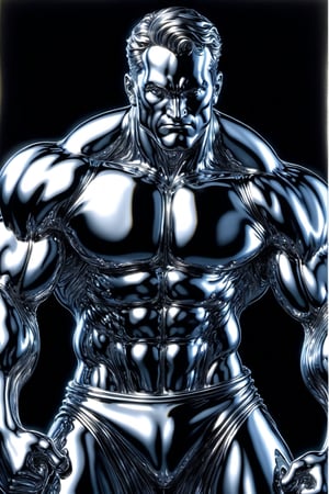 Photorealism, 8k, sharpest detail, (Man with (full) body made of chrome:1.2), heroic front posing as bodybuilder, arms up, perfect anatomy and musculature, masterpiece art by joe madureira and joe jusko, (reflective:1.2). ,xxmixgirl