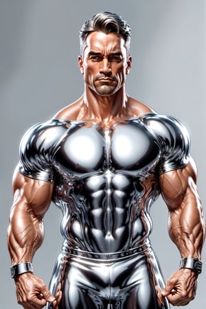 Photorealism, 8k, sharpest detail, (Man with (full) body made of chrome:1.2), heroic front posing as bodybuilder, arms up, perfect anatomy and musculature, masterpiece art by joe madureira and joe jusko, (reflective:1.2). ,3d toon style
