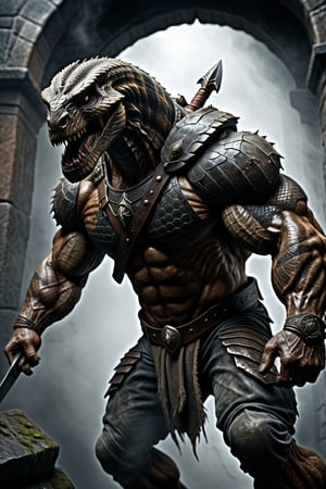 Dungeons & Dragons style art, (realistic Anthropomorphic monster Snake with human torso:1.3), Extremely muscled and bulky, (Immensely detailed Snake full body, Rough skin, Scaly skin, Textured skin:1.2), (wearing armor:1.2) and (one holding an extra large broad blade sword in hand:1.4), rpg style, sharp focus, Immense detail, low light, (ancient dark gloomy dungeon filled with fog, bones, old rusty weapons:1.2), spider webs, aged, decayed, mossy, Chiaroscuro, action, (Glittering close up, reflective eyes, rim lighting, lights, detailed eyes), cinematic, hyperrealistic art, extremely high-resolution details, photographic, realism pushed to extreme, fine texture, incredibly lifelike, dark, 