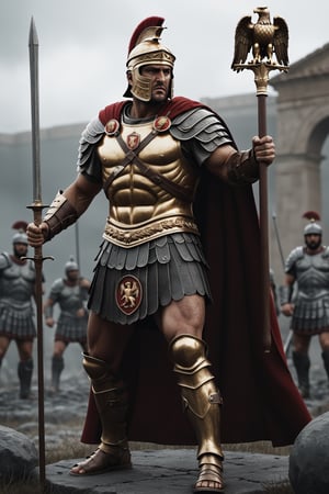 Full body picture, (Roman Centurion), bronze armor, red cape, (holding SPQR eagle staff:1.5), (standing tall over the battlefield), strong, rebellious, grunge, highly artistic, rough textures, incredible masterpiece, octane render, photorealism, hyperrealism, intricate details, ultra skin intricate clothes accurate hands, macro image detailed, shots, badass look, action, perfect eyes, best quality, extremely sharp focus face, analog fine film grain, cinematic, realistic, trending artstation, focus, studio photo, details, highly rutkowski, intricate, busy, raw, 4k, 8k, isometric, digital smog, 3d render, octane volumetrics, artwork masterpiece, ominous, matte painting movie poster, golden ratio, cgsociety,