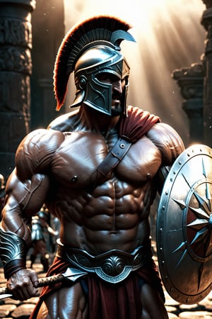 photo realism, 15mm wide-angle lens, masterpiece Art by Joe Jusko and joe madureira, (Extremely perfect, exagerated muscled anatomy:1.4), (Greek hoplite Spartan, holding a spear and shield:1.3), ultra photoreal, photographic, concept art, cinematic lighting, cinematic composition, ultra-detailed, ultra-realistic, photorealism, 8k, octane render, cinematic, realistic, highly detailed, UHD, perfect composition, beautiful, intricate, insanely detailed, rays, reflects. ,nodf_xl