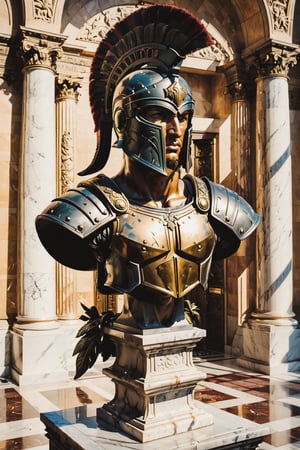 Spartan warrior cast as a bronze bust statue, positioned centrally on a marble pedestal flanked by Corinthian columns, intricate detail on the helmet plume, patina accentuating the warrior's stern features, armor embossed with historical motifs, in a grand hall with sunlight filtering through high arching windows casting soft shadows, dramatic lighting, high dynamic range, 8k resolution. 