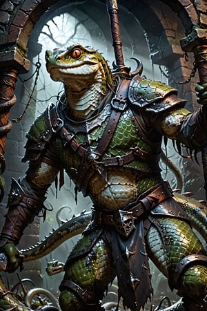 Dungeons & Dragons style art, (realistic Anthropomorphic monster Snake with human torso), (Immensely detailed Snake full body, Rough skin, Scaly skin, Textured skin), (wearing upper armor and large blade sword), rpg style game, sharp focus, Immense detail, low light, (ancient dark gloomy dungeon filled with fog, bones, old rusty swords and axes), spider webs, aged, decayed, mossy, Chiaroscuro, action, (Glittering close up, reflective eyes, rim lighting, lights, detailed eyes), cinematic, digital art, colorful, hyperrealistic art, extremely high-resolution details, photographic, realism pushed to extreme, fine texture, incredibly lifelike, reflective, 