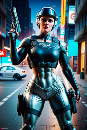 score_9, score_8_up, score_7_up, techwear fashion, futuristic, cyberpunk, urban, tactical, sleek, dark, highly detailed, (insanely sexy robocop woman:1.3), (wearing full metallic matte light blue grey armor:1.2), and (wearing a full face helmet with black neon visor:1.2), curvaceous, commanding action pose, teaser, (handling a long automatic sci-fi pistol:1.3), night scene, police red and blue lights, zdyna_pose, 