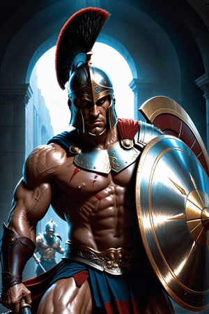 photo realism, 15mm wide-angle lens, Art by Joe Jusko, mastery by joe madureira, (a giant cyclops:1.2) standing in front of a (Extremely perfect anatomy:1.2), (Greek hoplite Spartan, holding sword and shield:1.3), ultra photoreal, photographic, concept art, cinematic lighting, cinematic composition, rule of thirds, mysterious, eerie, cinematic lighting, ultra-detailed, ultrarealistic, photorealism, 8k, octane render, cinematic, Textured skin, digital art, wlop, artgerm and james jean, ultra hd, realistic, highly detailed, UHD, perfect composition, beautiful detailed, intricate insanely detailed, rays, reflects. 