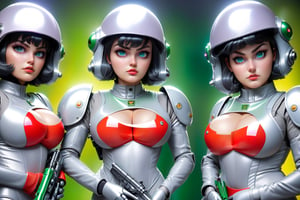 80s synthwave, Chiaroscuro, reflective, ghosting effect, Star command, spread side by side squad, 80s style, (five women space squad:1.5) (big boobs:4), (wearing grey smooth full spacesuits:2.5), (hermetic transparent round retro globe helmets:3), (badass eyes, anger expressions:3), (holding blaster guns:5), (green galaxy nebula in space background:2), wide angle cowboy shot,cyberpunk style,vaporwave style,photo r3al