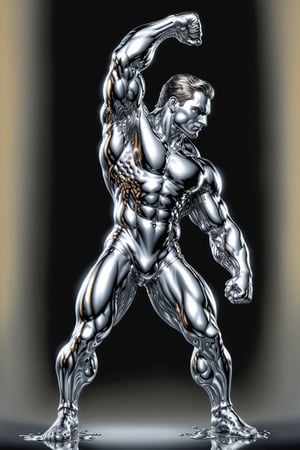 Photorealism, 8k, sharpest detail, (Man with (full) body made of chrome:1.2), heroic front posing as bodybuilder, arms up, perfect anatomy and musculature, masterpiece art by joe madureira and joe jusko, (reflective:1.2). ,ral-chrome