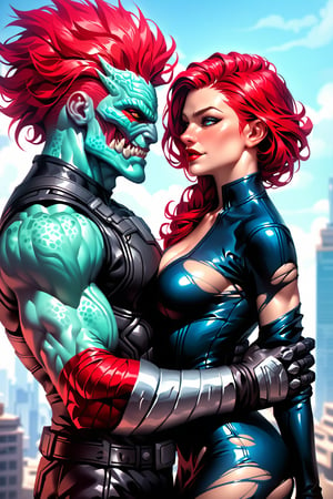 In love, Metal hurlant art style, (a power couple:1.2), shot of (woman, extremly beautiful and ripped muscled, red hair mistress, wearing ripped clothes, expressive face, calm and assertive look:1.3), And a (big alien man, extremely muscled with light armor, spiked hair, with a huge heavy sci-fi gun:1.3), futuristic sci-fi style, dystopian city scene, score_9_up, score_8_up, score_7_up,