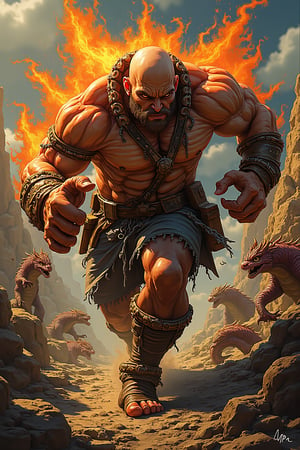 Arcade style platformer, mixed art by Noriyoshi Ohrai, Jinborov Karnovski aka karnov the bulging-muscled, fire-breathing, east-Russian ex-circus strongman bald hero, running to fight monsters, arcade game style, dynamic, vibrant, action-packed, detailed character design, reminiscent of fighting video games, 