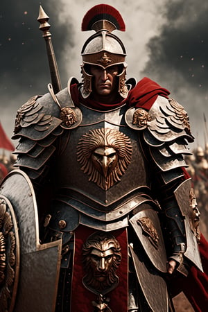 Roman Centurion, bronze armor, red cape, holding SPQR eagle staff, standing tall over the battlefield, cowboy shot, strong, rebellious, grunge, highly artistic, rough textures, incredible masterpiece, octane render, photorealism, hyperrealism, intricate details, ultra skin intricate clothes accurate hands, macro image detailed, shots, badass look, action, perfect eyes, best quality, extremely sharp focus face, analog fine film grain, cinematic, realistic, trending artstation, focus, studio photo, details, highly rutkowski, intricate, busy, raw, 4k, 8k, isometric, digital smog, 3d render, octane volumetrics, artwork masterpiece, ominous, matte painting movie poster, golden ratio, cgsociety