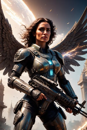 (Archangel Gabriela, angry face with a smirk :1.2), (armed with a realistic heavy machinegun:1.2), descending from the skies, 8k, dynamic lighting, hyperdetailed, intricately detailed, volumetric lighting, Canaletto photorealism movie poster, stunning, mythical being, energised, molecular textures, iridescent scales armor, breathtaking beauty, pure perfection, divine presence, unforgettable, impressive, auras, rays, reflects. 