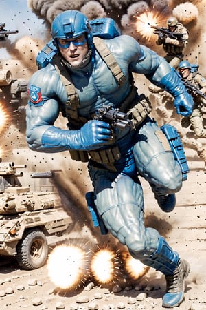 2000AD style, (Rogue Trooper:1.2), (muscular:1.2), blue skin, military sci-fi, (running in a battlefield:2), Dynamic motion blur, Laser sharp Immense detail, fov, full shot,NightmareFlame