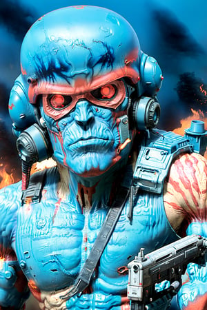 2000AD (Rogue Trooper:2), (ripped and muscular:1.5), blue skin, military sci-fi, Dynamic motion blur, Laser sharp Immense detail, fov, Cosmic Horror, darkly comedic,full shot ,Movie Still,photo r3al,