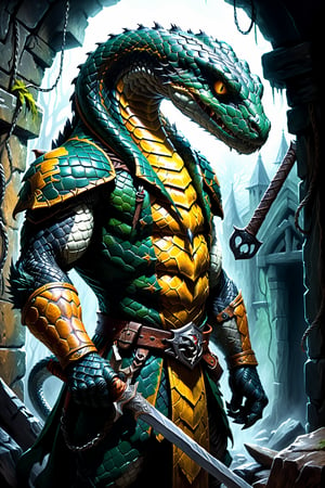 Dungeons & Dragons style art, (realistic Anthropomorphic monster Snake with human torso:1.3), (Immensely detailed Snake full body, Rough skin, Scaly skin, Textured skin:1.2), (wearing armor and one extra large blade sword in hand:1.2), rpg style, sharp focus, Immense detail, low light, (ancient dark gloomy dungeon filled with fog, bones, old rusty swords and axes:1.2), spider webs, aged, decayed, mossy, Chiaroscuro, action, (Glittering close up, reflective eyes, rim lighting, lights, detailed eyes), cinematic, hyperrealistic art, extremely high-resolution details, photographic, realism pushed to extreme, fine texture, incredibly lifelike, reflective, 