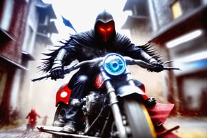 The caped Chainsaw biker, grotesquery, dark, eerie, hellish motorcycle, art by Yoann Lossel, spikes on wheels, bloody Macabre, 2000 AD comic style, red image filter, 3d ground view, High speed Slow motion, Dynamic motion blur, fisheye cam, dslr, raw photography, cinematic motion, 