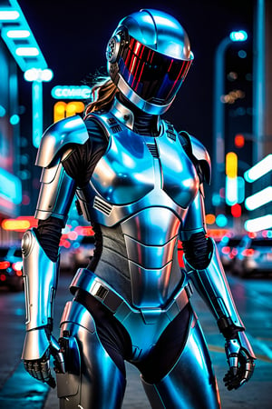 score_9, score_8_up, score_7_up, (insanely sexy robot cop woman:1.4), (wearing full metallic matte light blue grey smooth armor suit:1.3), rounded smooth voluptuous shapes and (wearing a full face helmet, black mirror visor:1.3), commanding action pose, (handling a long automatic sci-fi pistol:1.3), night scene, police red and blue lights, zdyna_pose, Cinematic 