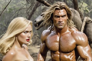 Award-wining photography, (Savage man Tarzan), protecting a beautiful 1920s (blonde woman), perfect face, sharp eyes, extremely definition, ripped clothes, pre-historic wilderness, Volumetric 3d effect, ZBrush render, additional Blender details, scene from a cinematic high quality movie, action, eerie, Vintage style, cinematic natural lighting, lines by Frank Frazetta. 