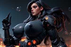 destroyed dystopian city, photorealistic style art , ultra big voluptuous boobs, fitness ripped muscled body female wearing a full bubble smooth shaped, large war cybernetic Mechanized mobile armor, with damage dents, matte Metalic dark grey dark orange colors smooth surfaces Cyborg prosthetics, 1 girl,3DMM