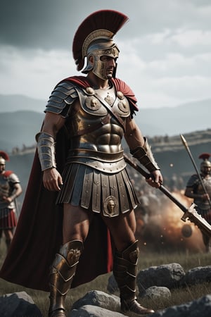 Full body shot, (Roman Centurion), bronze armor, red cape, (holding SPQR eagle staff:1), (standing tall over the battlefield), strong, rebellious, grunge, highly artistic, rough textures, incredible masterpiece, octane render, photorealism, hyperrealism, intricate details, ultra skin intricate clothes accurate hands, macro image detailed, shots, badass look, action, perfect eyes, best quality, extremely sharp focus face, analog fine film grain, cinematic, realistic, trending artstation, focus, studio photo, details, highly rutkowski, intricate, busy, raw, 4k, 8k, isometric, digital smog, 3d render, octane volumetrics, artwork masterpiece, ominous, matte painting movie poster, golden ratio, cgsociety,make_3d