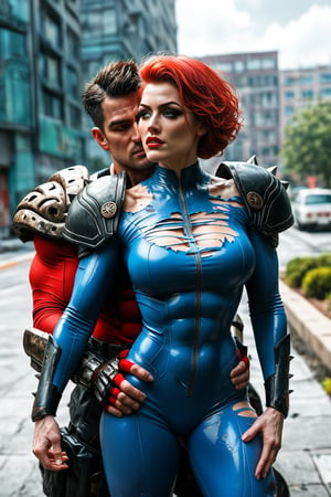 Dystopian war, Metal hurlant art style, (power couple:1.4), (a woman, extremly beautiful, ripped muscles, thicc ties, busty, red hair mistress, wearing ripped short bodysuit, shoulder pads:1.3), calm and assertive bad look, behind her back a (big alien bodyguard man, extremely muscled with light armor, spiked hair:1.3), (warfare:1.3), (futuristic dark sci-fi style, dystopian wasteland city background) , score_9_up, score_8_up, score_7_up,