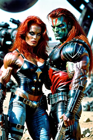 In love, Metal hurlant simon bisley art style, black sun, (a power couple:1.2), shot of (woman, extremly beautiful and ripped muscled, red hair mistress, wearing ripped clothes, expressive face, calm and assertive look:1.3), And a (big alien man, extremely muscled with light armor, spiked hair, with a huge heavy sci-fi gun:1.3), futuristic sci-fi style, score_9_up, score_8_up, score_7_up,