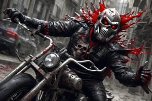 The caped Chainsaw biker, grotesquery, dark, eerie, hellish motorcycle, art by Yoann Lossel, spikes on wheels, bloody Macabre, 2000 AD comic style, red image filter, 3d ground view, High speed Slow motion, Dynamic motion blur, fisheye cam, dslr, raw photography, cinematic motion. ,Extremely Realistic